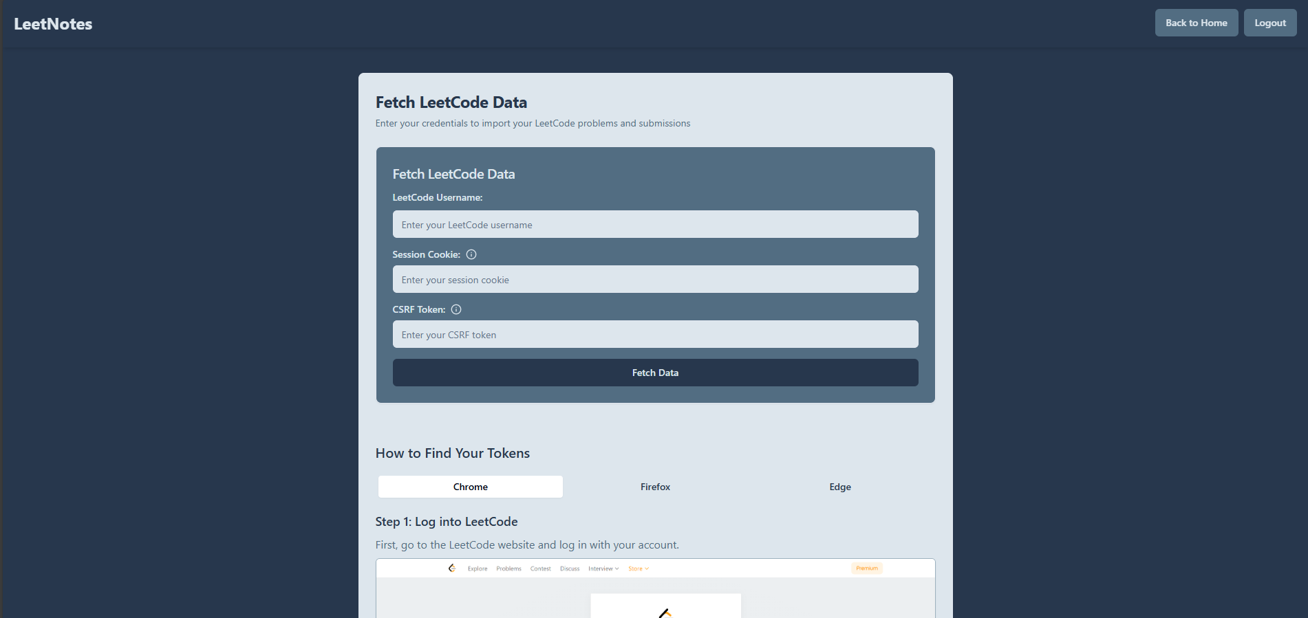 LeetNotes main dashboard